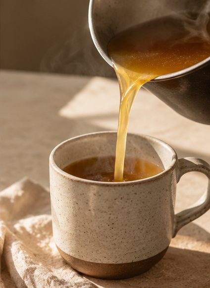 Golden organic bone broth being poured from a pot into a speckled ceramic mug
