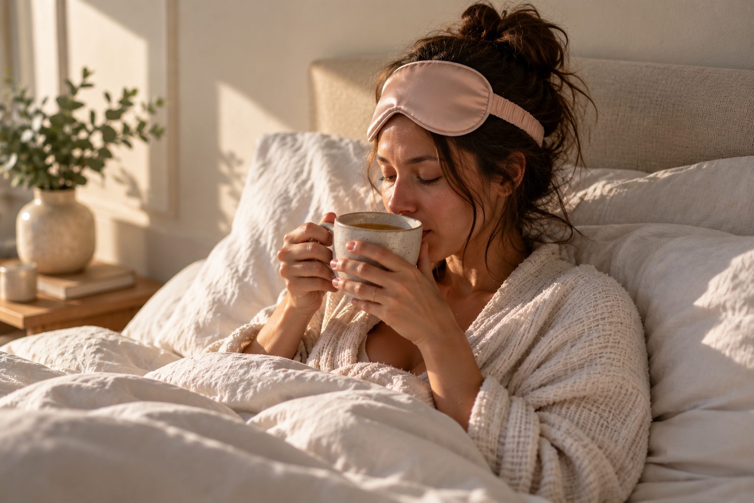 A new mother resting in bed in a cozy robe, sleep mask pushed up, sipping warm broth from a ceramic mug in soft morning light